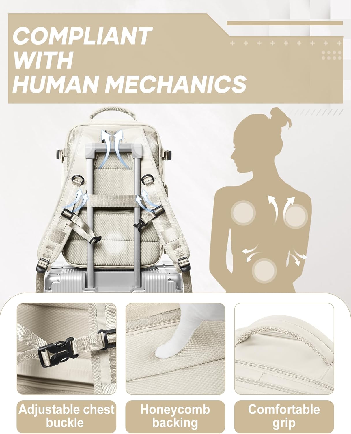 suwasp Vacuum Compression Backpack, 45L Expandable Travel Backpack with Electric Vacpack Pump, Travel Vacuum Bags with Shoe Compartment/17inch Laptop Compartment/USB Port, Beige