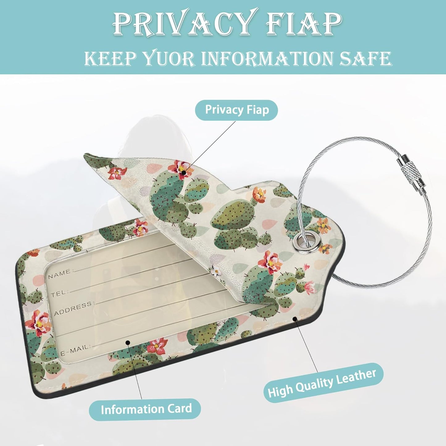 Cactus Luggage Tag,Cute Green Cactus Print Luggage Tags of Set 2 Leather Identifiers Privacy Cover with Stainless Steel Loop for Women Men Travel Bag Suitcase