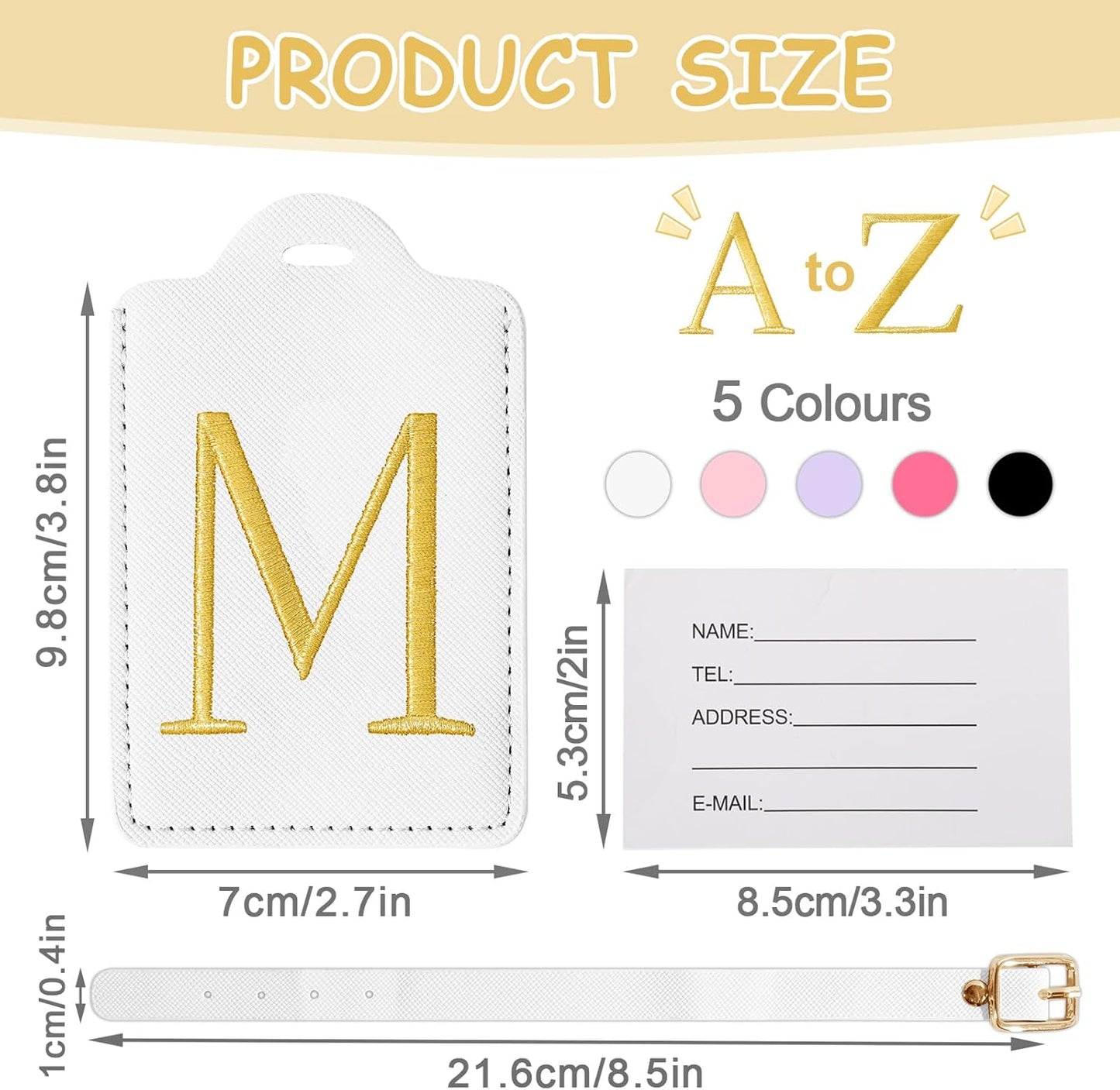 Personalized Initial Luggage Tags for Suitcases, Cute PU Leather Embroidered Letter Travel Luggage Tags, Suitcase Identifier Name Baggage Tag, Bag Tags for Men Women Kids Luggage Handbags(White M)