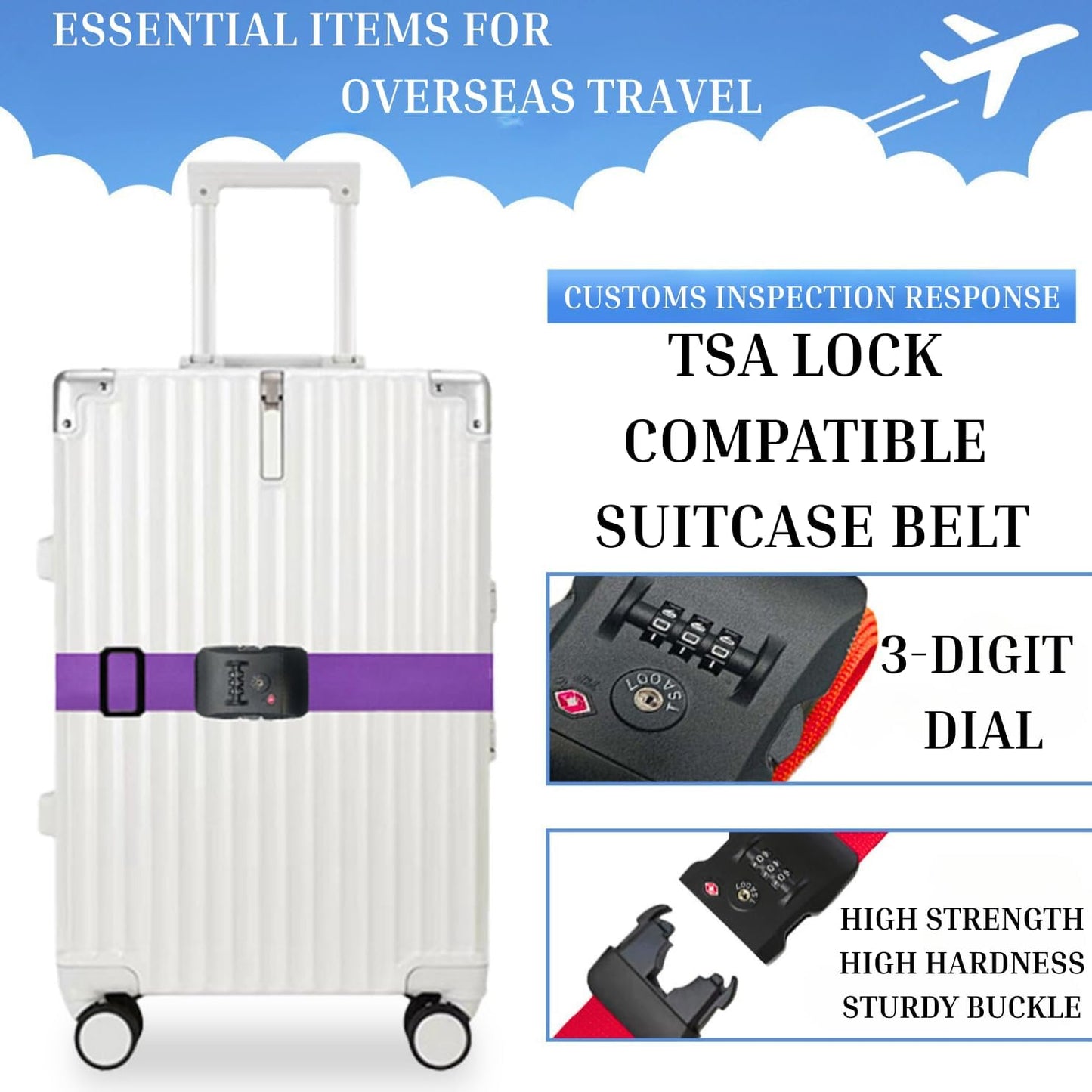 Suitcase Belt TSA Lock dial Type, I-Shape, English Instructions, Length Adjustable, Lightweight Type, Carrying case Marker, Travel, Business Trip, Luggage Collapse Prevention (Green)