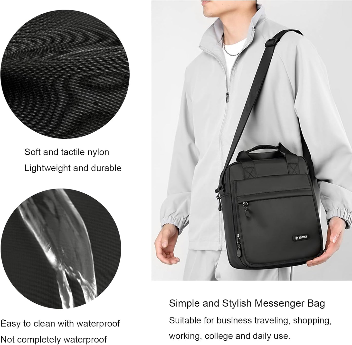 Men's Messenger Bag Shoulder Bag Nylon Business Waterproof Casual Black, Crossbody Bag Lightweight B5 for Work Travel Outdoor