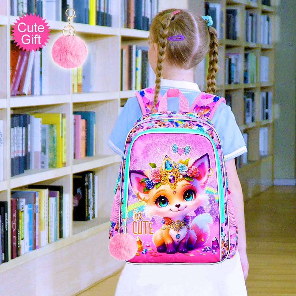 3Pcs Fox Backpack for Girls, 16" Kids School Backpacks with Lunch Box, Bookbag for Elementary