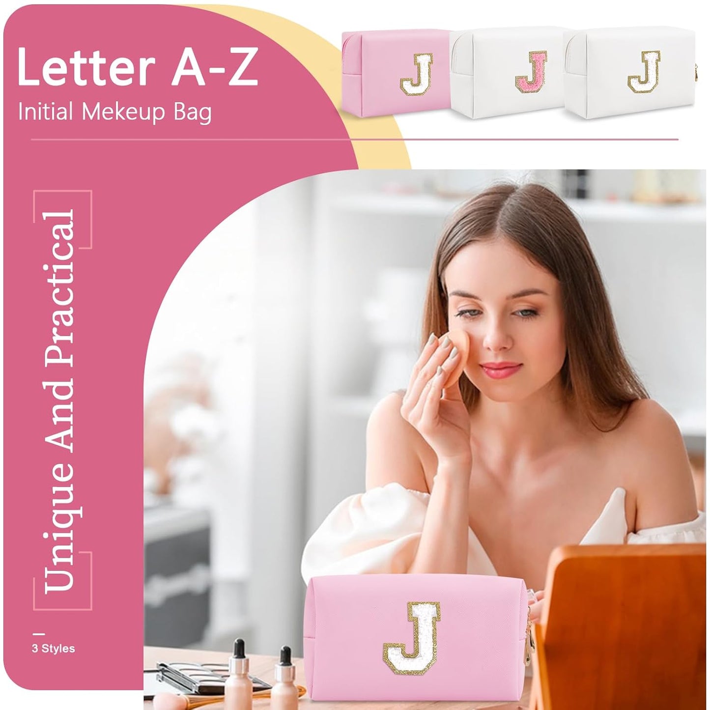 Personalized Initial A-Z Preppy Patch Makeup Bag,Small PU Chenille Letter Cosmetic Bag with Zipper for Teen Girls,Pink Cute Toiletry Organizer Bag,Monogram Makeup Case Gift for Women Girls,Letter J