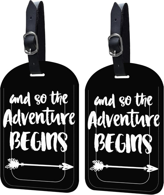 2 Pack Luggage Tags Adventure Begins PU Leather Baggage Handbag Suitcase Tags with Secure Strap Privacy Cover ID Labels,Business Travel Baggage Tag Identifier