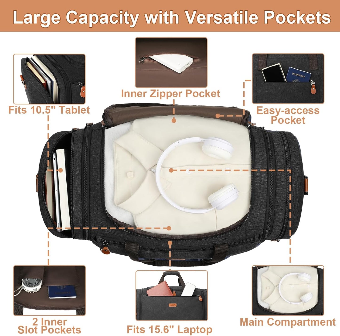 Canvas Mens Duffle Bag for Travel - Expandable 50L Weekender Bags with Toiletry Bag, Overnight Bag Travel Duffel Carry On Luggage with Removable Shoulder Strap, Durable & Water-Resistant