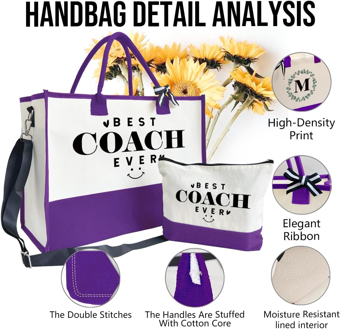 SUSZDOU Gifts for Best Coach Ever - Canvas Beach Tote Bag with Matching Makeup Pouch, Durable Travel Gym Camping Bag, Thank You Gift for Sports Coach, Female Trainers Gifts for Women I1