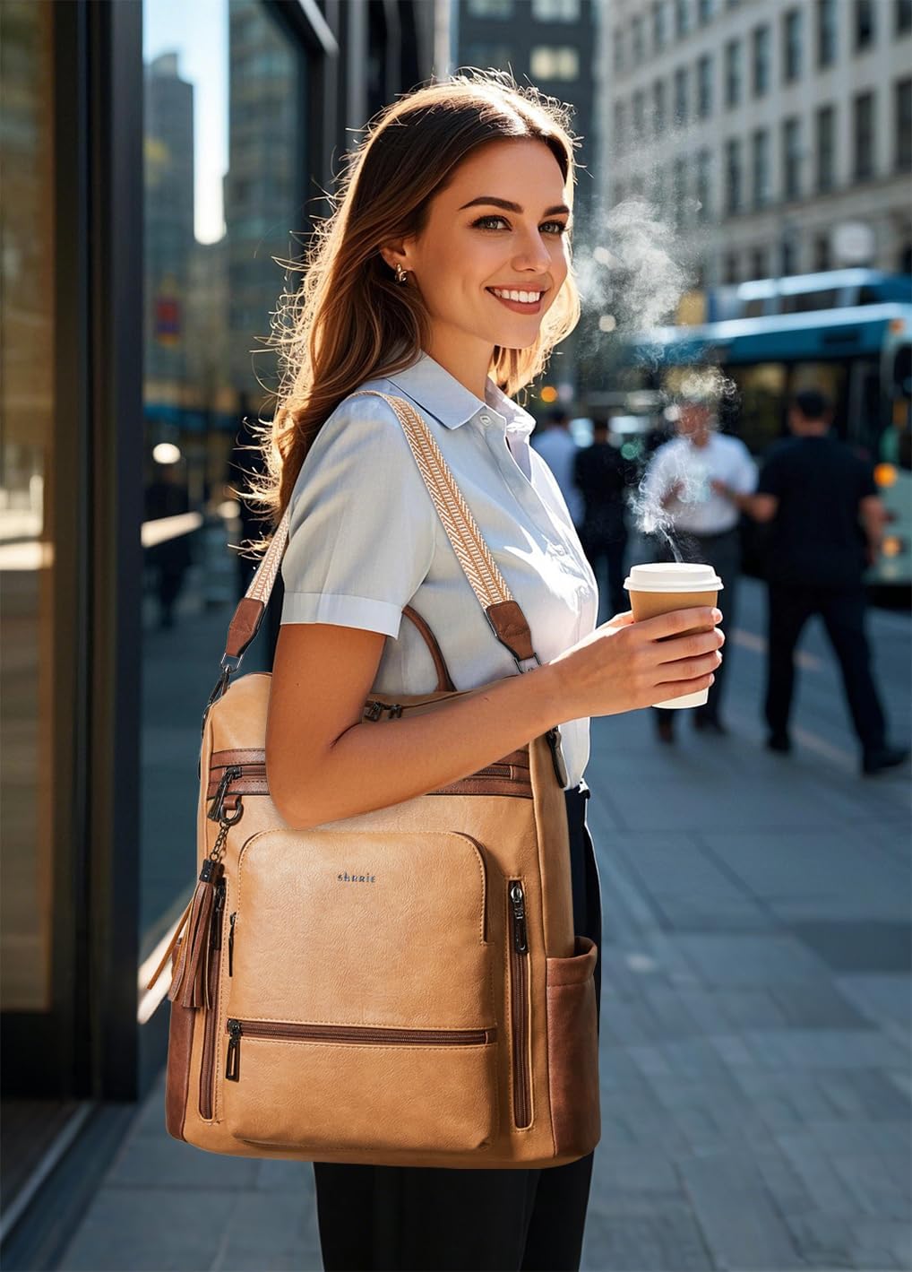 Shrrie Vegan Leather Laptop Backpack for Women 15.6 inch Work Backpack Fashion Travel Backpack