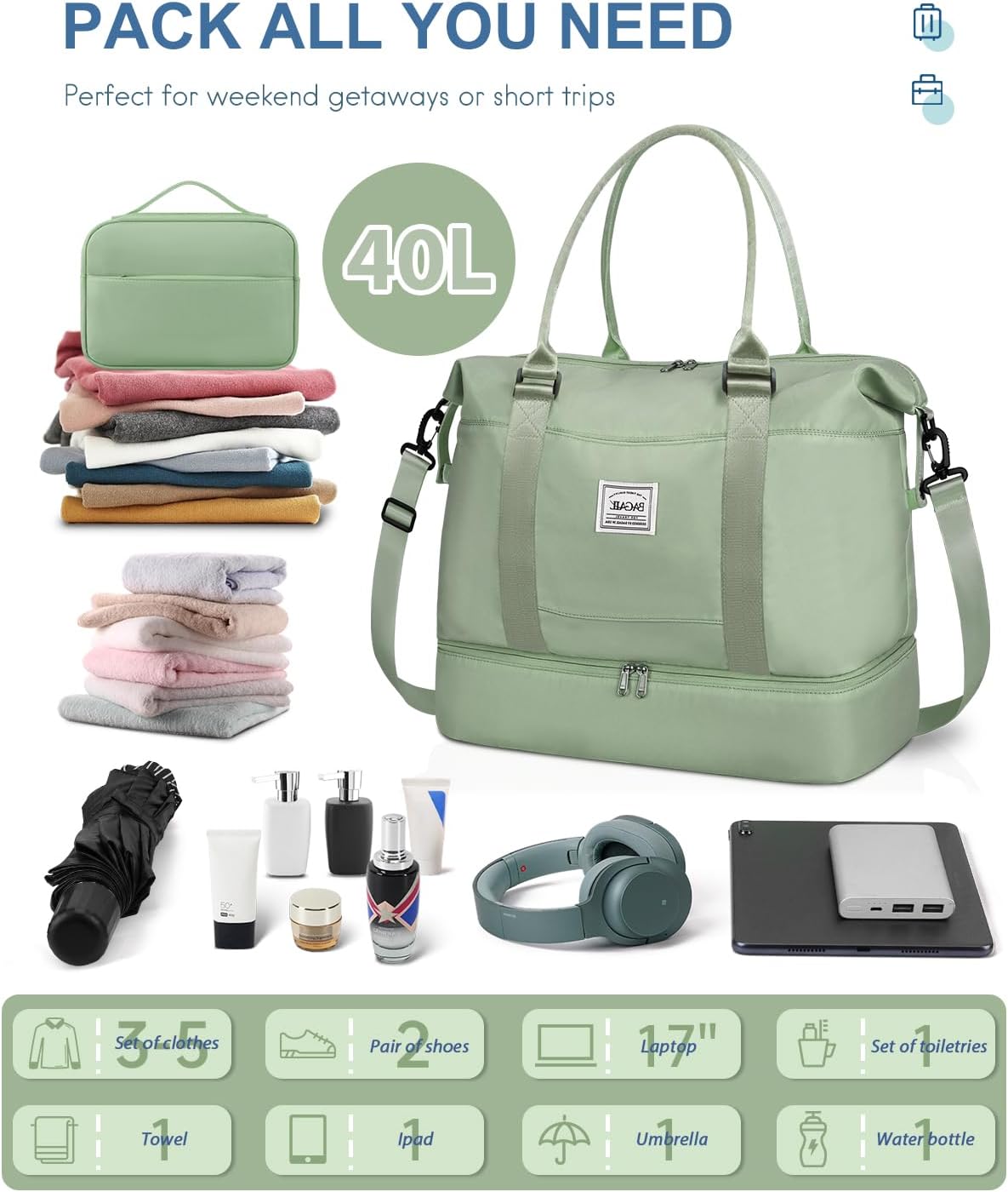 BAGAIL Travel Duffel Bag - Weekender & Overnight Gym Carry On Tote with Wet Pocket - Hospital Mom Bag for Labor and Delivery - Extra Large, Olive Green