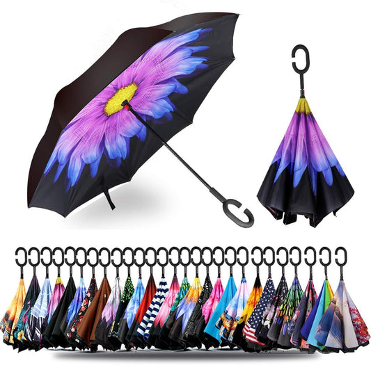 SIEPASA 49/56 Inch Inverted Reverse Upside Down Umbrella, Extra Large Double Canopy Vented Windproof Waterproof Stick Golf Umbrellas with C-shape Handle.