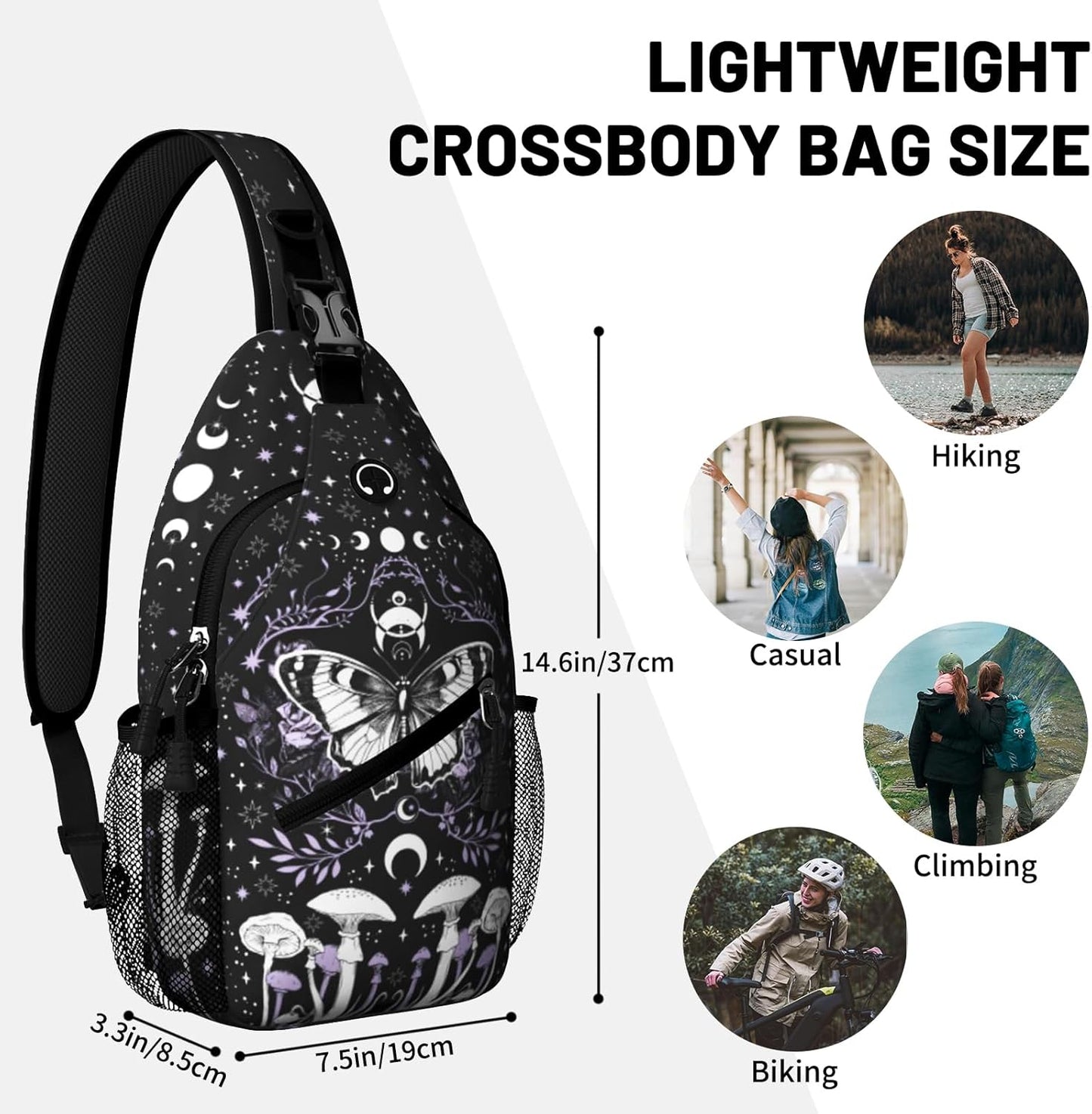 Black Gothic Butterfly Mushroom Sling Bag Crossbody Chest Bag for Women Men, Water Resistant Lightweight Casual Crossbody Bag with Adjustable Strap, Travel Hiking Daypack Shoulder Backpack