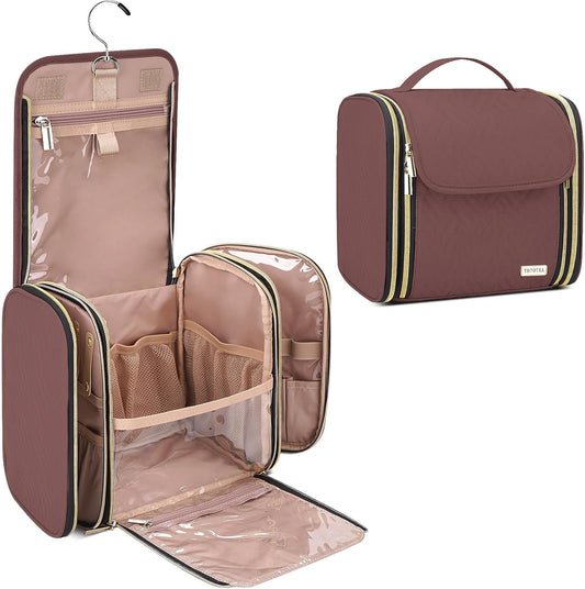 Hanging Toiletry Bag & Makeup Bag for Women with Jewelry Organizer - TSA Approved Large Capacity Travel Cosmetic Organizer, Waterproof Shower Essentials Case with Transparent Pockets