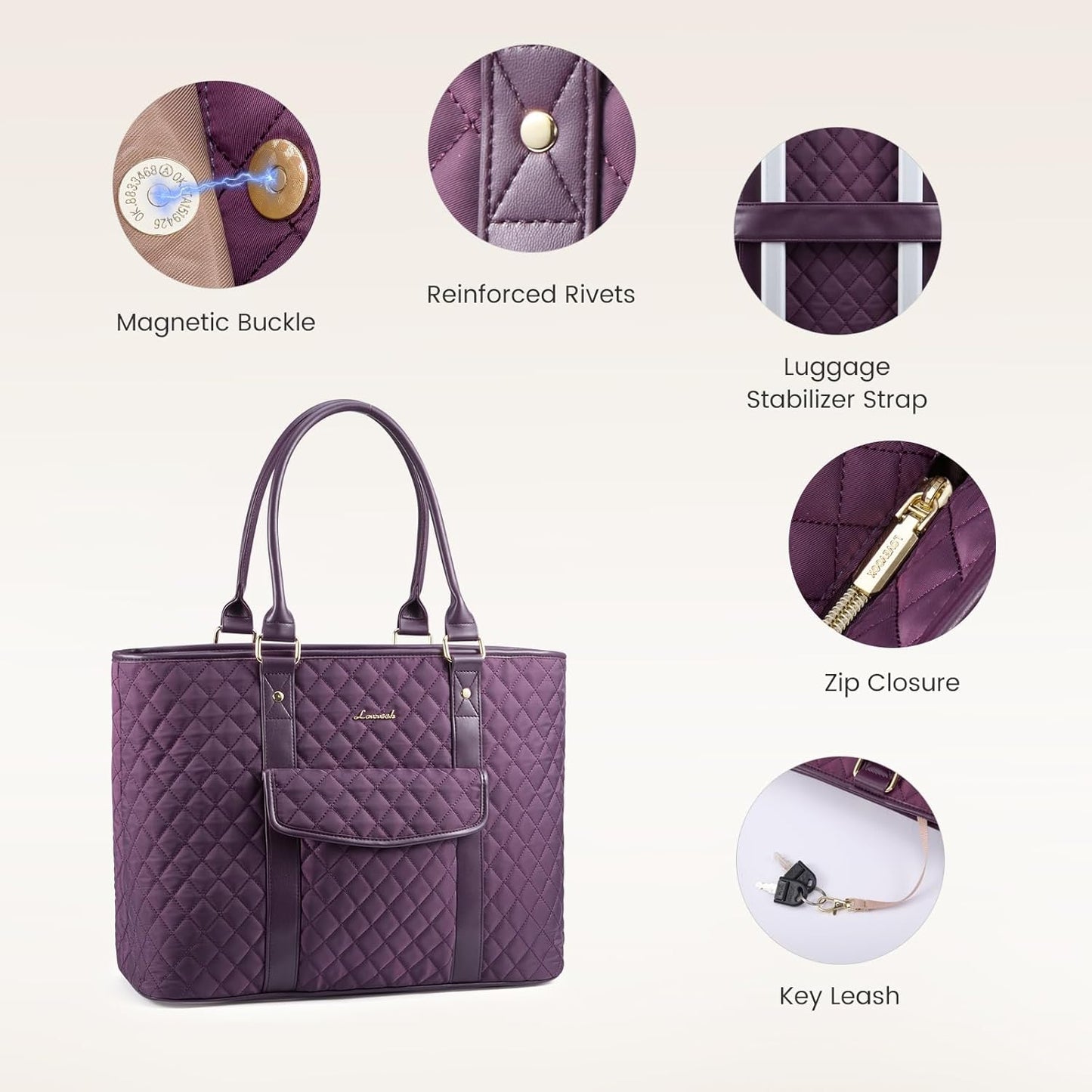 LOVEVOOK Laptop Tote Bag for Women 17 Inch,Waterproof Computer Bag for Laptop for Womens,Quilted Travel Work Tote Bags for Women,Stylish Laptop Bag Purse with Luggage Sleeve for Teacher,Nurse,Office