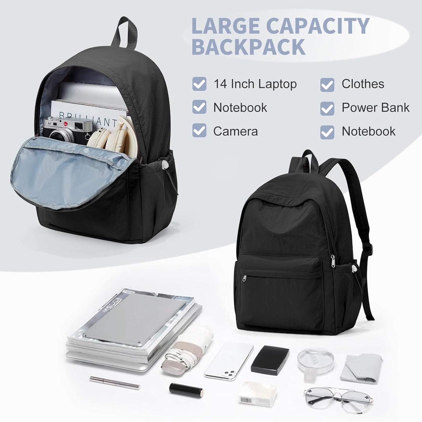 Simple Black School Backpack For Women Men Aesthetic Medium Backpack Lightweight Casual Daypack