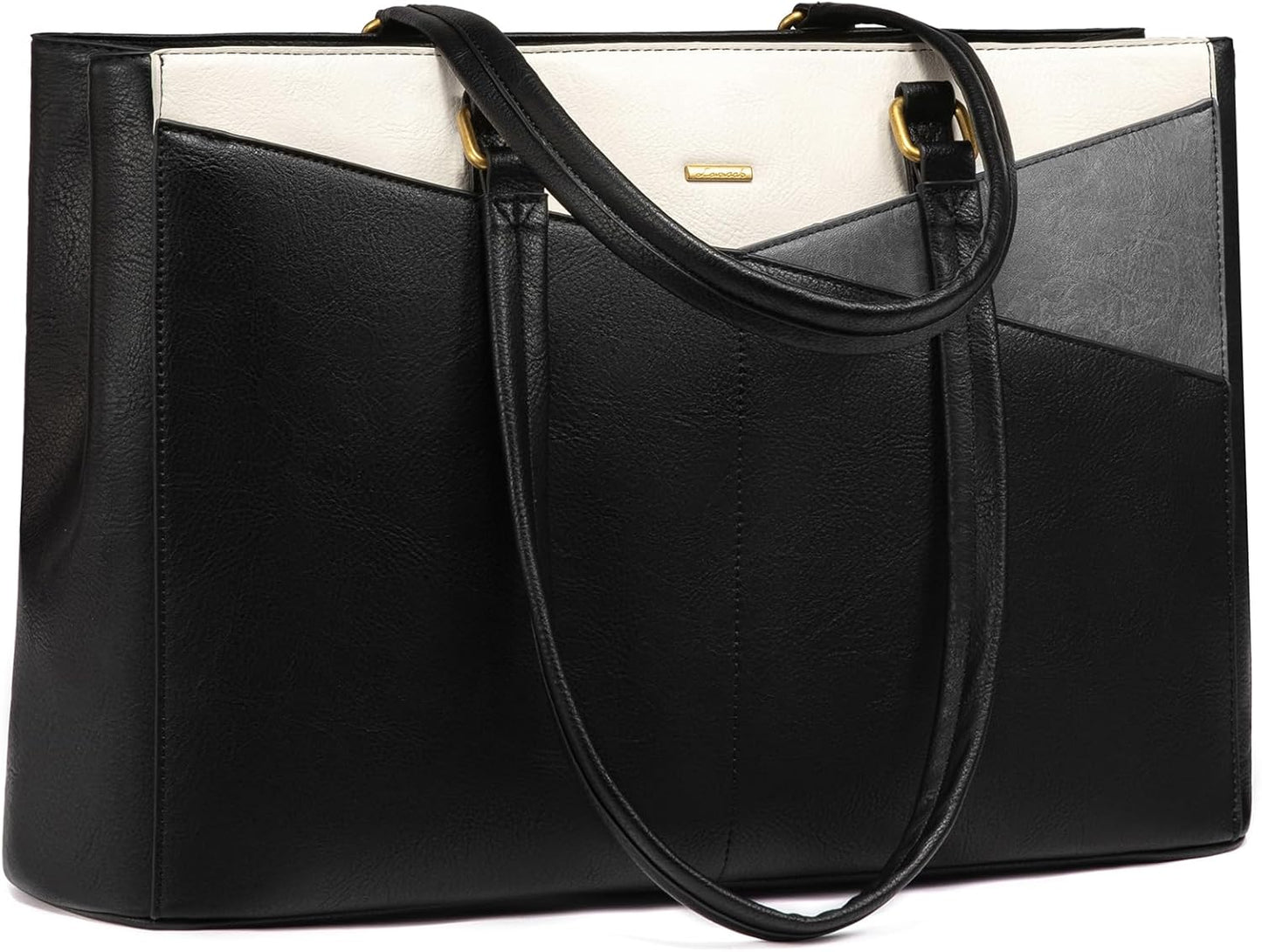 LOVEVOOK Women's Vintage Leather Work Tote, 15.6 Inch Laptop Bag - Waterproof Business Bag, Black & White & Gray