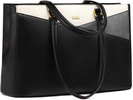 LOVEVOOK Women's Vintage Leather Work Tote, 15.6 Inch Laptop Bag - Waterproof Business Bag, Black & White & Gray