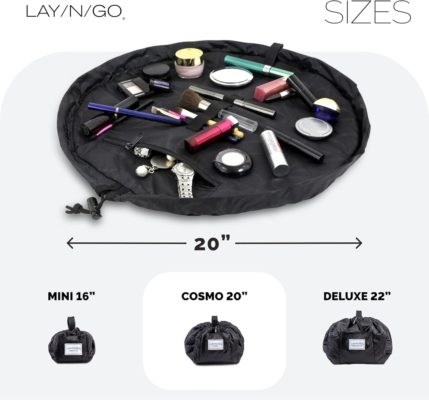 Lay-n-Go Cosmo Layflat Drawstring Cosmetic & Makeup Bag Organizer - Portable Drawstring Bag