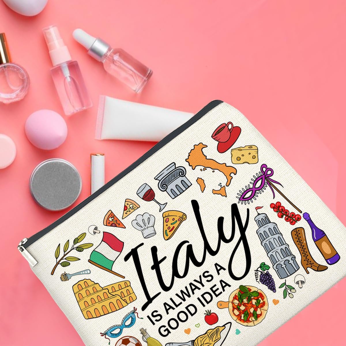 Italy Travel Cosmetic Bag, Multicolor, Waterproof, Zipper Closure, Double-Sided Printing, Rectangular, 9.6"L x 6.7"H, Perfect for Travel and Daily Use