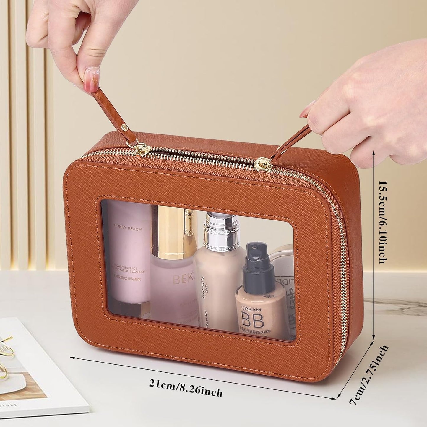 Clear Travel Makeup Bag with Brush Case Portable Transparent Cosmetic Bag and Toiletry Bag Waterproof Makeup Organizer with Zipper Car Essential for Women (Brown, M+Slim)