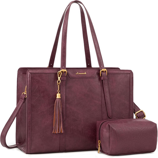LOVEVOOK Laptop Bag for Women Vintage Leather Work Tote 15.6 inch Large Capacity Computer bag with Clutch Purse for Office, Travel, School, Casual
