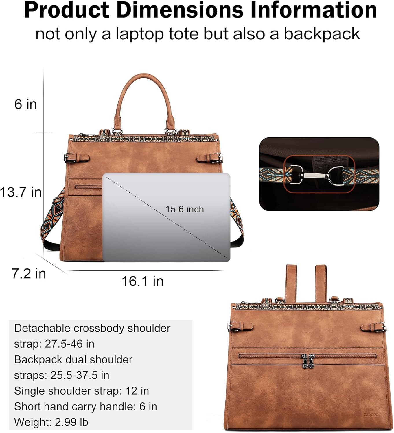 FADEON Laptop Bag for Women Designer PU Leather Large Tote Bags Backpack Purses with 15.6 Laptop Compartment Shoulder Handbag