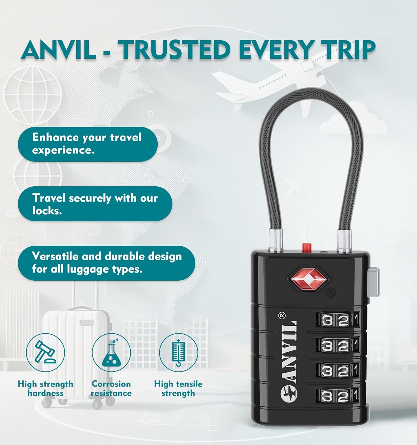 ANVIL 4 Digit Luggage Locks, TSA Locks for Luggage, Advanced TSA008 core, Alert Indicator for Your Travel Lock, Suitcase Lock. (4, Black)