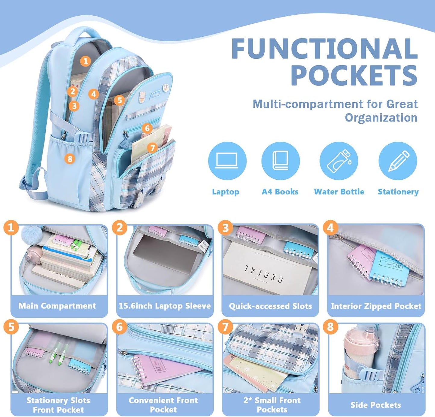 Girls Backpack, Kawaii Bookbag for Teen Multiple Pockets Kids School Backpack for Primary Elementary Middle School,Age 6-14, Blue