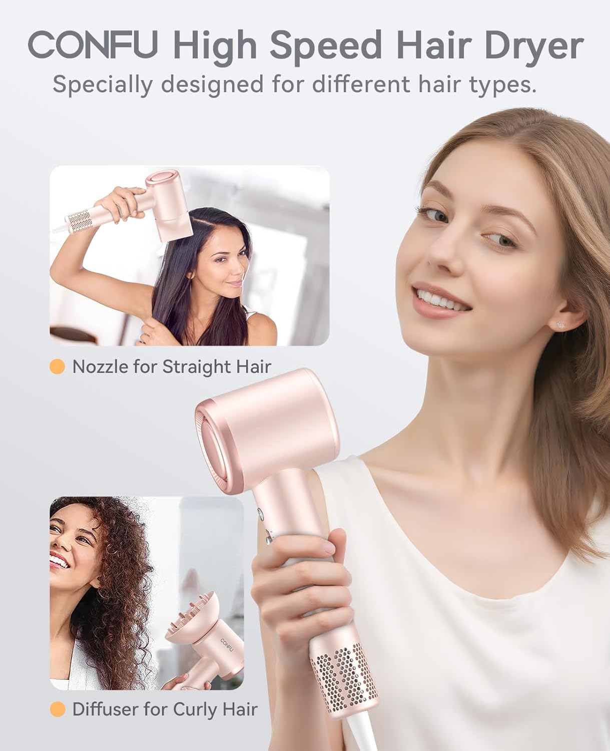 Hair Dryer with Diffuser, CONFU Hair Dryers for Women, Diffuser Hair Dryer High Speed Professional Ionic Blow Dryer for Fast Drying, Hair for Curly Hair for Home Travel
