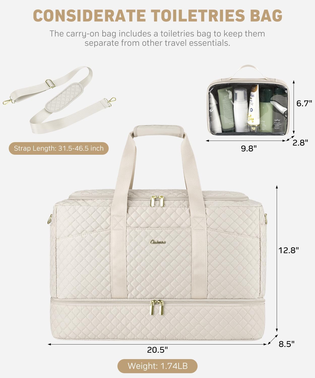 Duffle Bag for Travel, Weekender Bag with Shoe Compartment, Carry On Overnight Bag for Women with Toiletry Bag Duffel Bags with Wet Pocket for Gym Hospital Bags for Labor and Delivery Beige