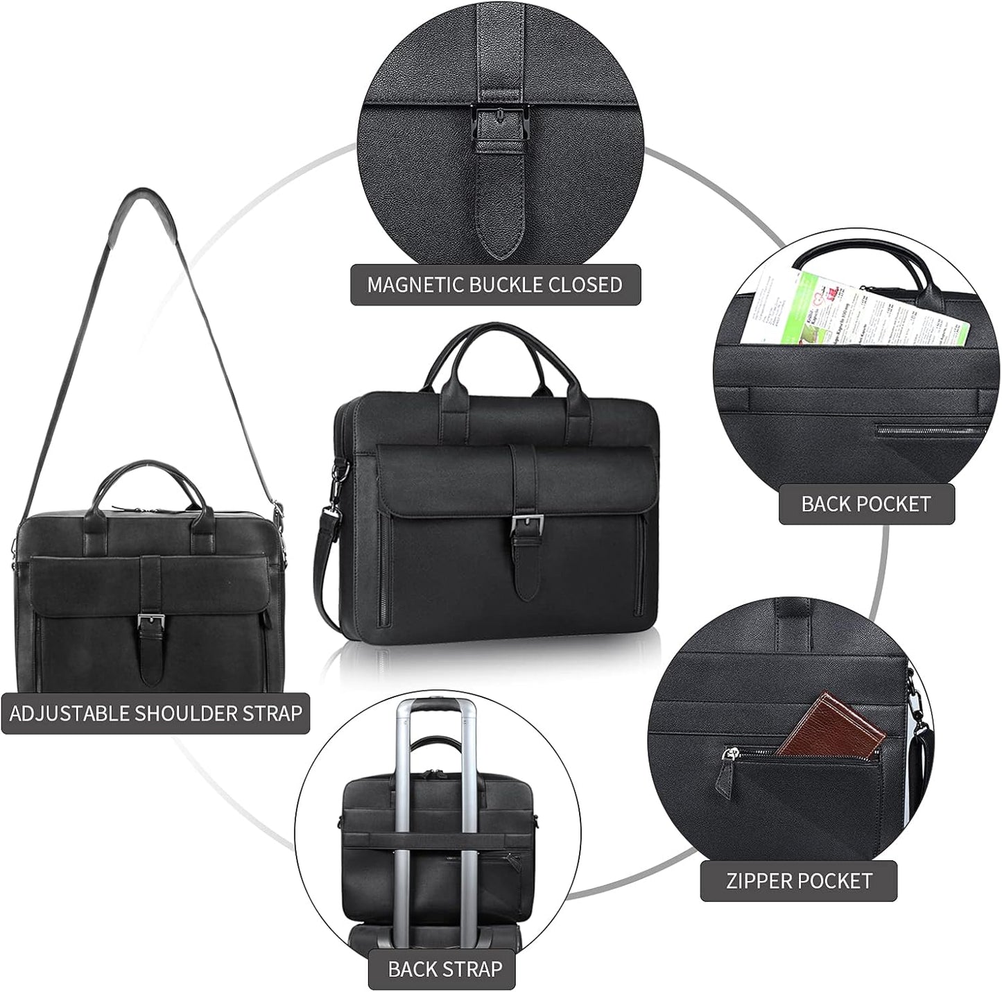ESTARER Laptop Briefcase 15.6 Inch, Men’s Briefcase for Business/Travel, Leather Computer Office Work Bag, Water Resistant Laptop Bag, Black