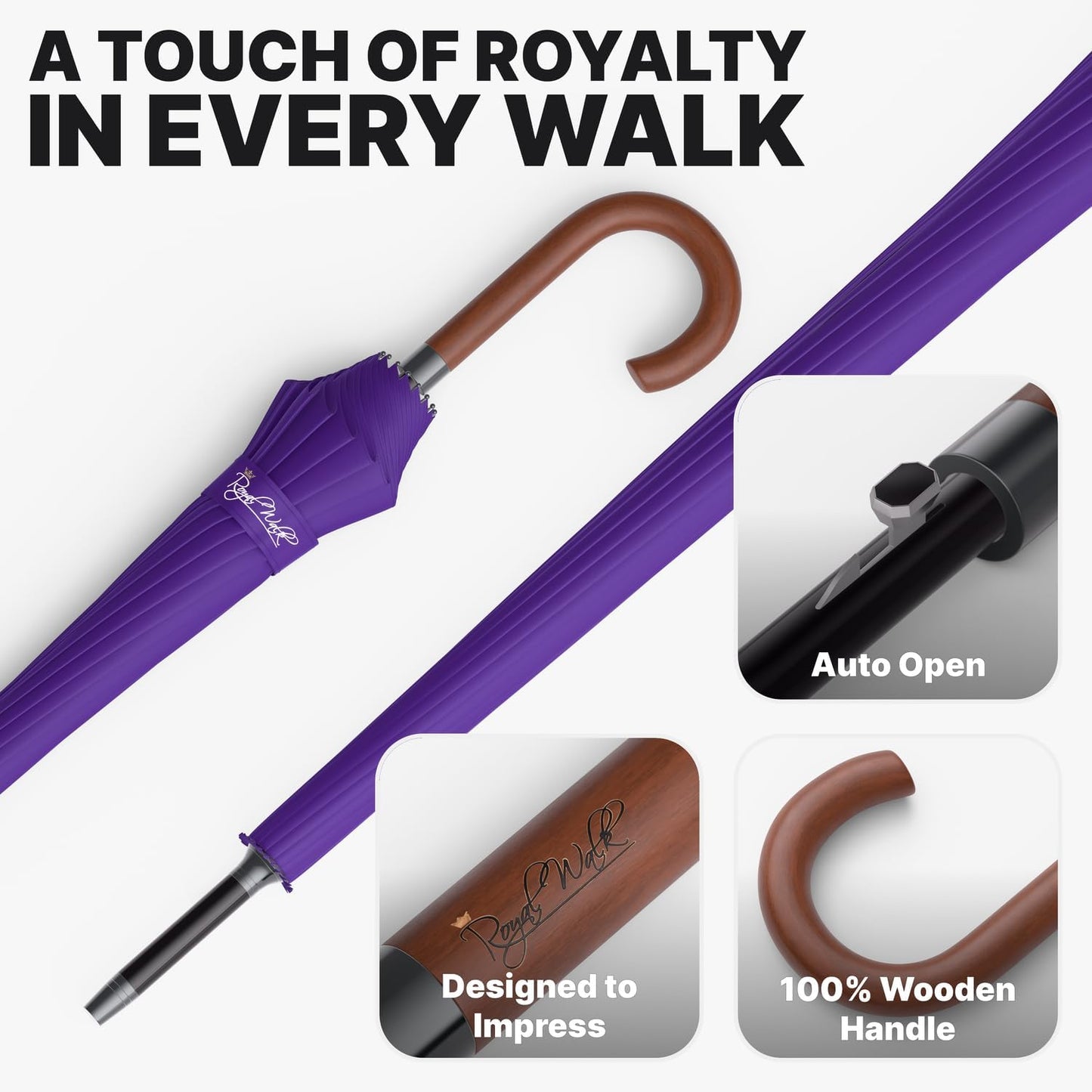 Royal Walk Windproof Large Umbrella for Rain 54 Inch Automatic Open for 2 Persons Wind Resistant