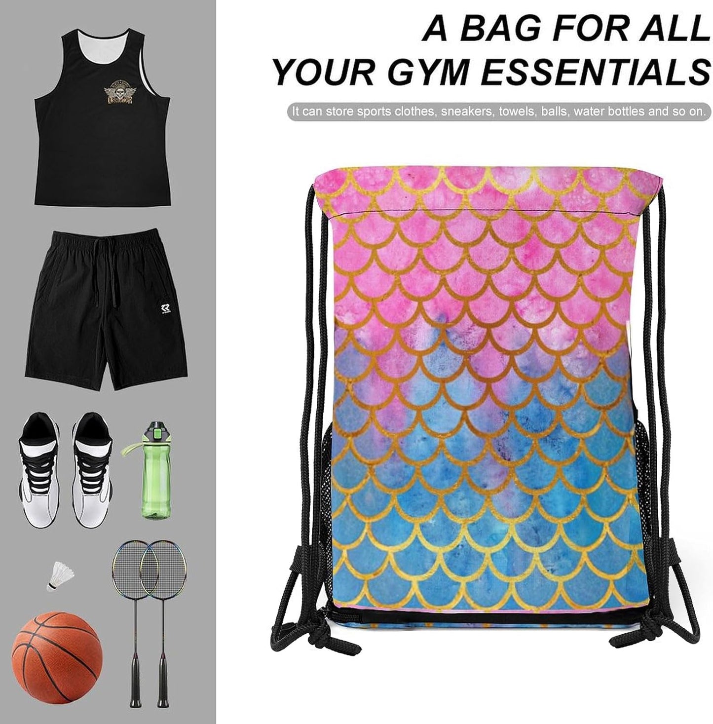 Mermaid Drawstring Backpack Gym Bag With Shoe Compartment String Bag Sport Beach Swimming Sackpack For Women Men