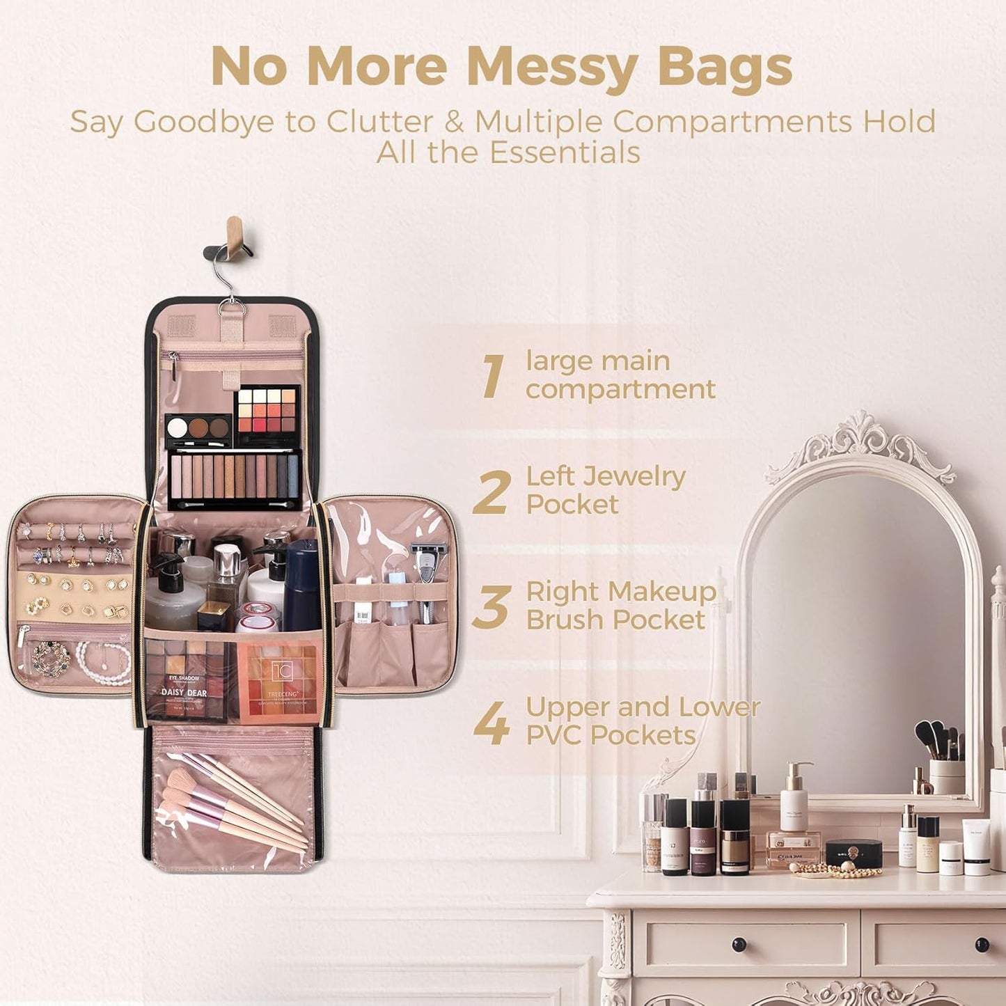 Hanging Toiletry Bag & Makeup Bag for Women with Jewelry Organizer - TSA Approved Large Capacity