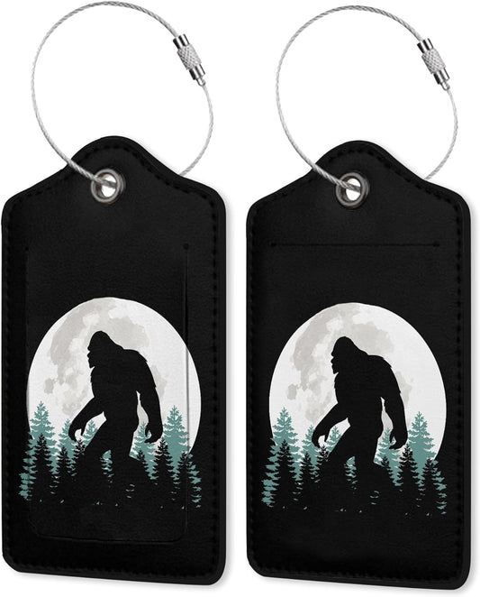 2 Pack Luggage Tag for Suitcase, Bigfoot Forest Moon Leather Suitcase Tags Identifiers with Privacy Name Address Labels & Durable Steel Loop for Women/Men Travel