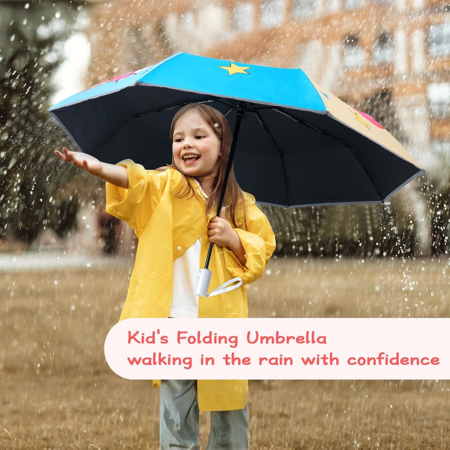 Kids Folding Umbrella Auto Open/Close Anti-rebound Safe Design UV Resistant Automatic Children Travel Umbrellas 8 Rib Reinforced Canopy 360° Reflective Strip Lightweight Cute Umbrella for Girls & Boys