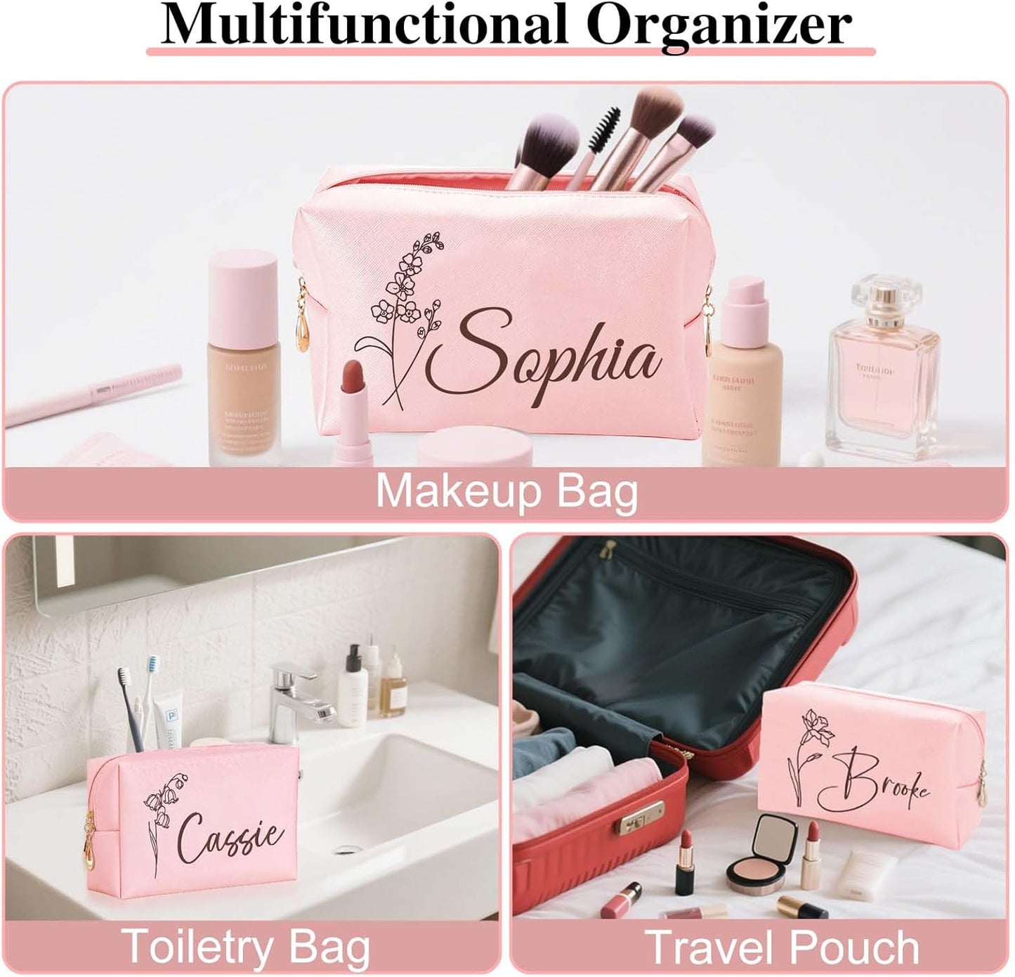 Personalized Makeup Bag with Name & Birth Flower, Custom Leather Cosmetic Bags for Women, Customized Travel Toiletry Bag Gifts for Bridesmaid Wedding
