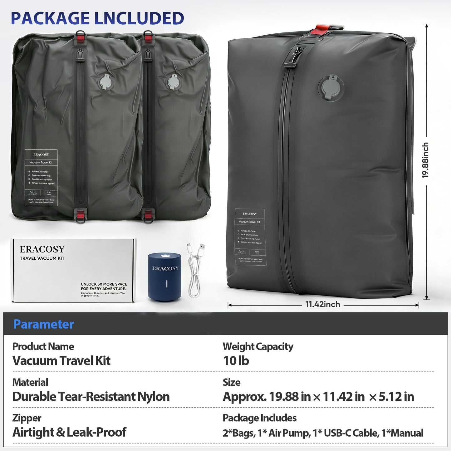 Travel Vacuum Bags with Pump, Compression Bags, Waterproof & Reusable Nylon Vacuum Travel Kit
