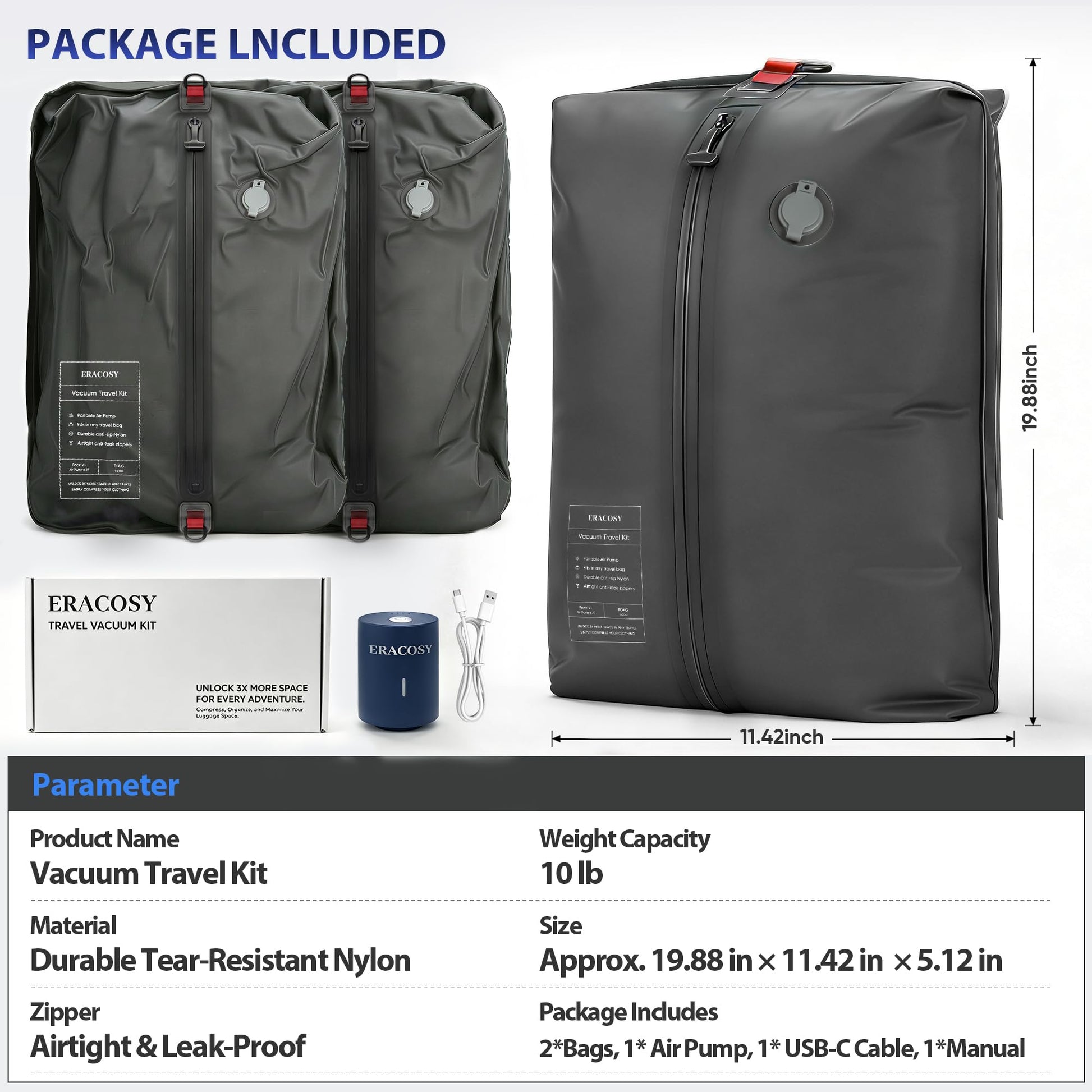 Travel Vacuum Bags with Pump, Compression Bags, Waterproof & Reusable Nylon Vacuum Travel Kit