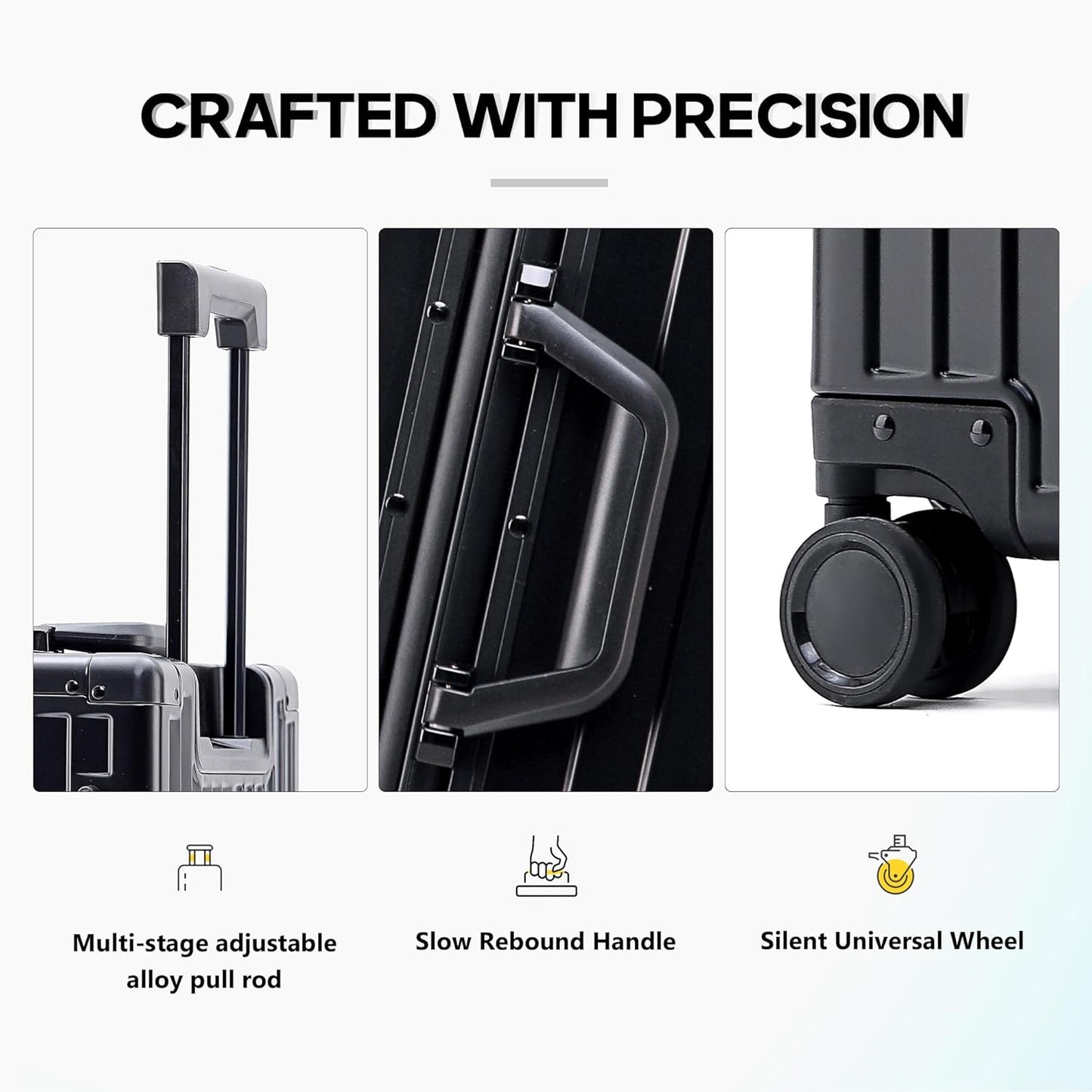 YYW Aluminum Carry-On Luggage Airline Approved Lightweight Suitcase with TSA Lock and Silent Wheels, Hardshell Spinner Business Travel (Black, 24in)