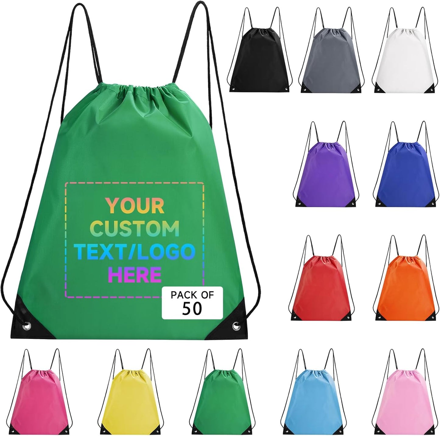 Custom Drawstring Bags With Logo, 50 Pack Personalized Text Drawstring Backpack Bulk Great for Travelling, Gym and for Everyday Use (Green)