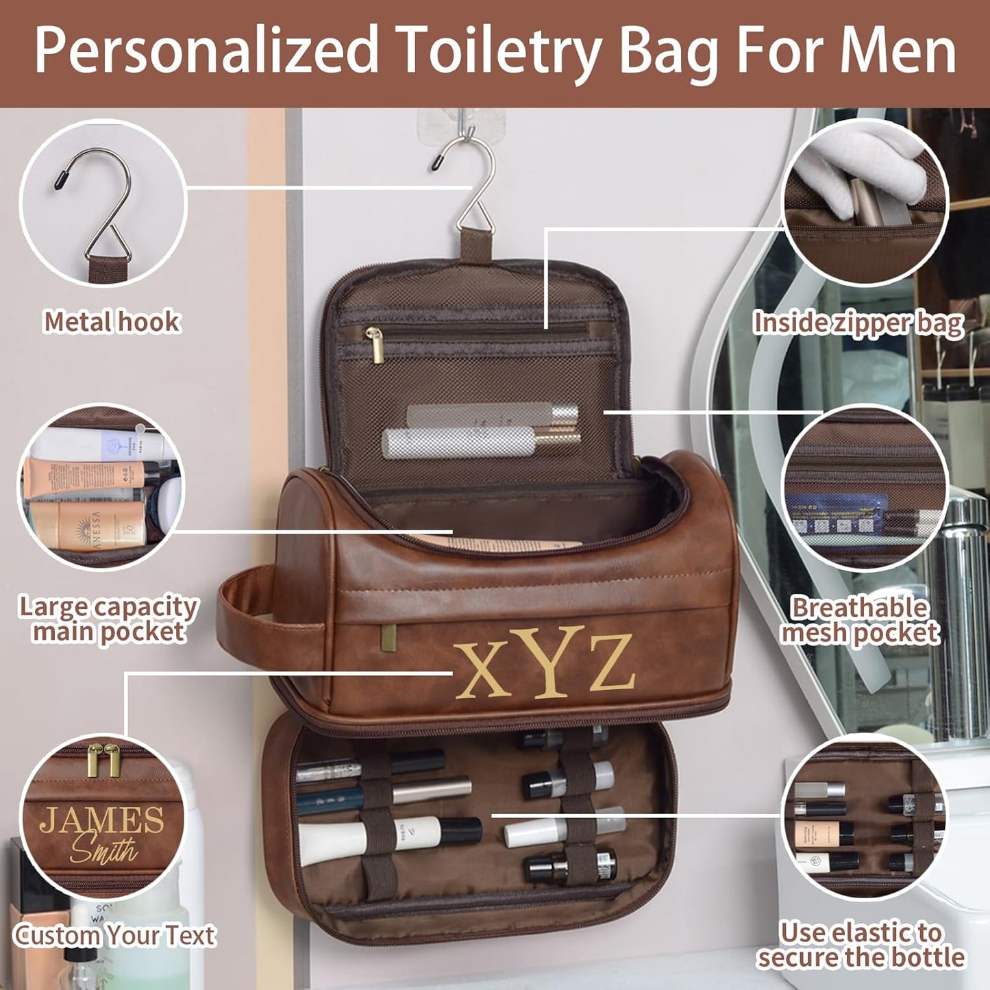 Personalized Toiletry Bag For Men, Large Capacity Travel Doop Kit, Vintage Color PU Leather, Custom Name Initials, Gifts for Dad, Husband, Boyfriend, Groomsmen, Birthday (Style 3)
