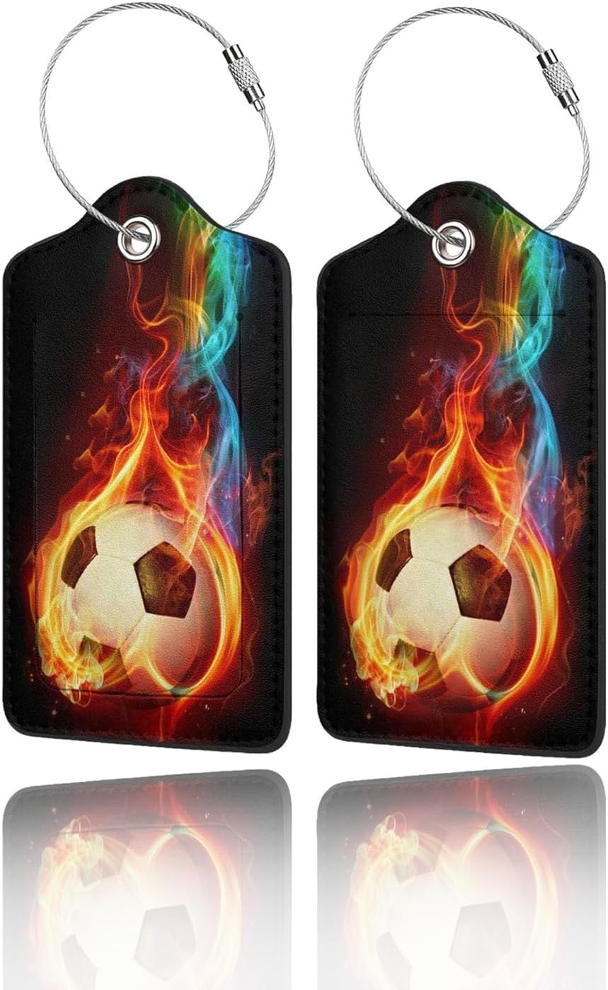 2 Pack Luggage Tags for Suitcase, Privacy Cover ID Label with Stainless Steel and Address Card for Travel Bag Backpack Cruise Ship Essentials Tag Men Boys - Cool Soccer