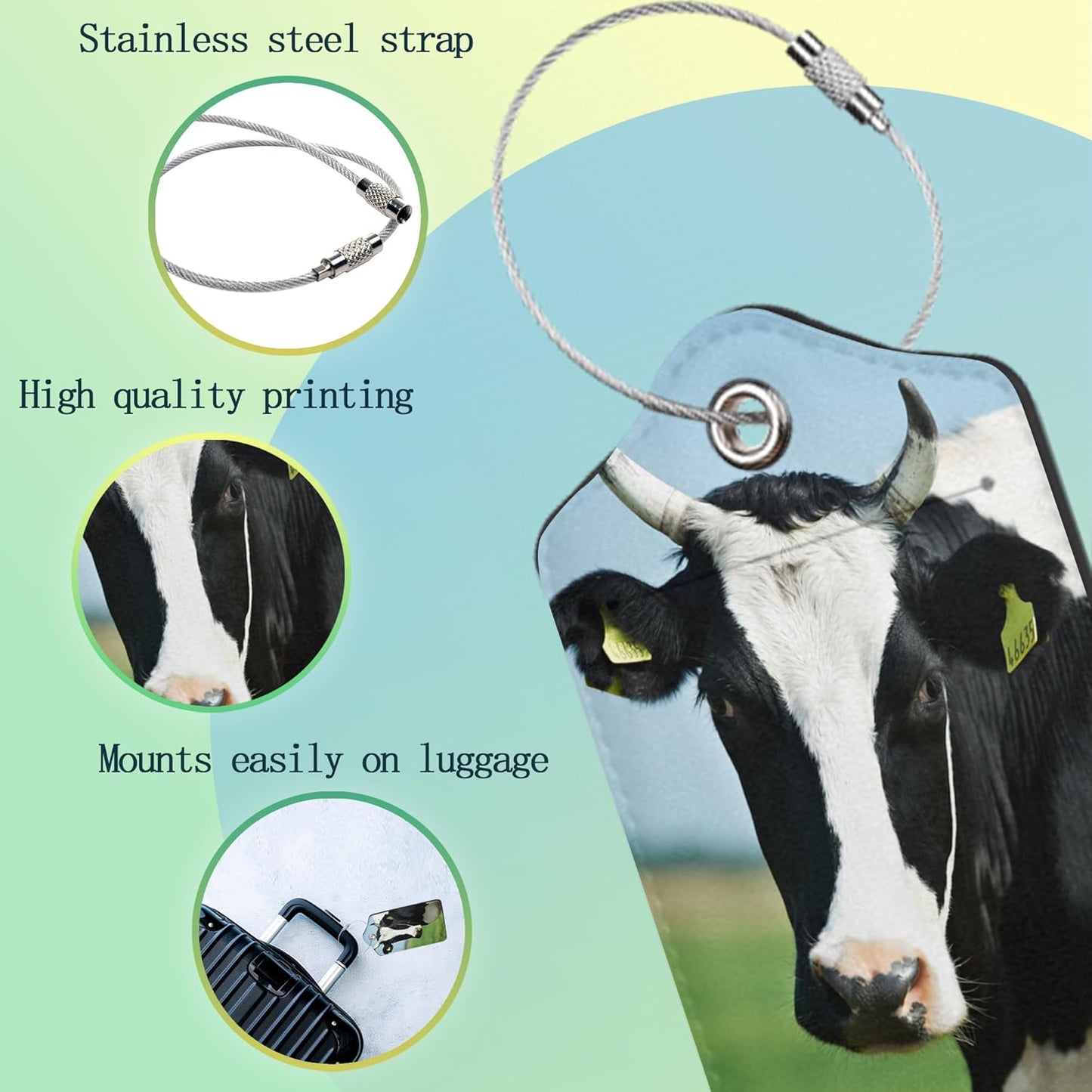 Cow Luggage Tags Set of 2 Black White Cattle Leather Suitcase Tags with Stainless Steel Loop and Privacy Cover for Women Men Travel Luggage Accessories
