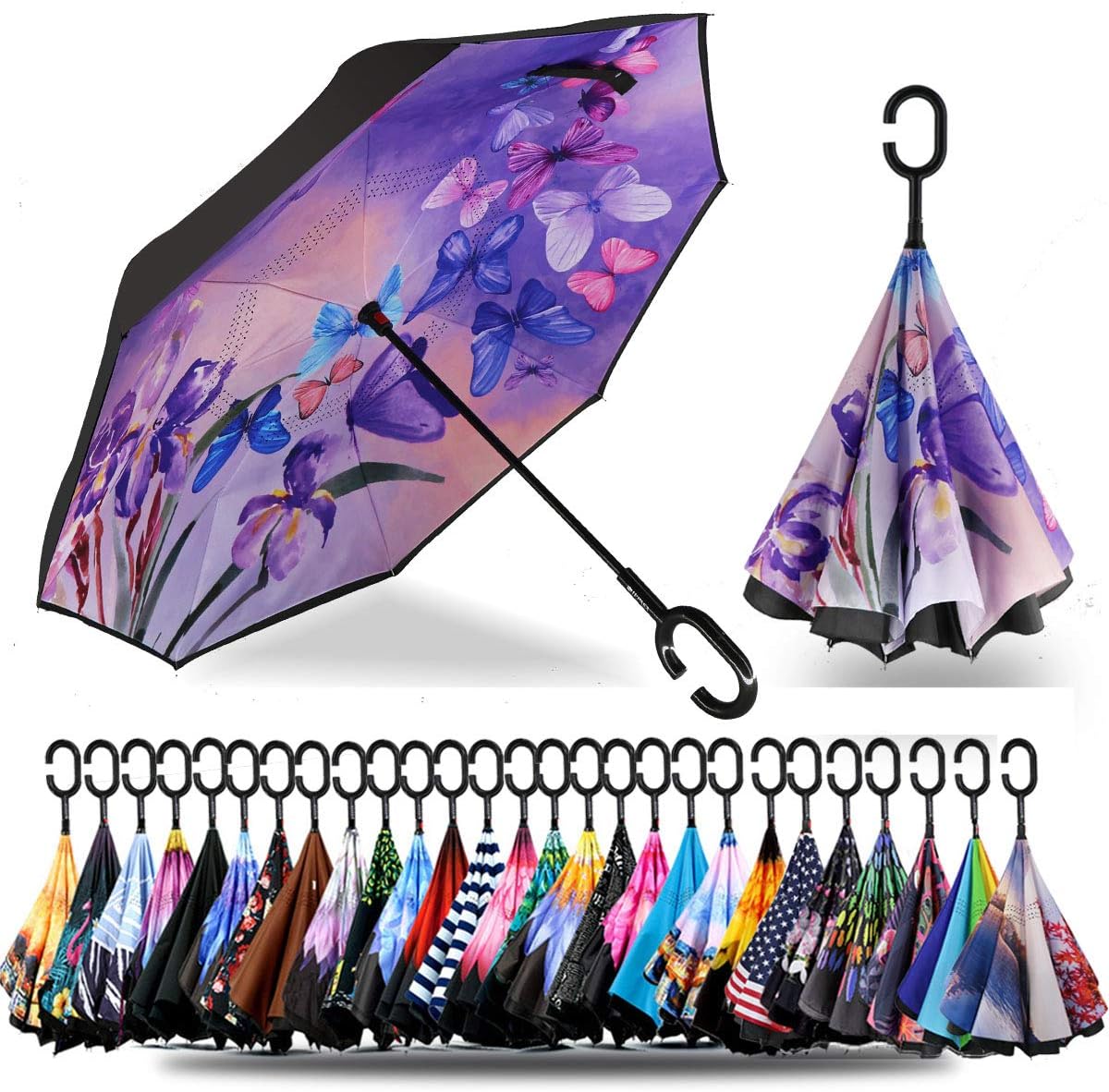 SIEPASA 49/56 Inch Inverted Reverse Upside Down Umbrella, Extra Large Double Canopy Vented Windproof Waterproof Stick Golf Umbrellas with C-shape Handle.