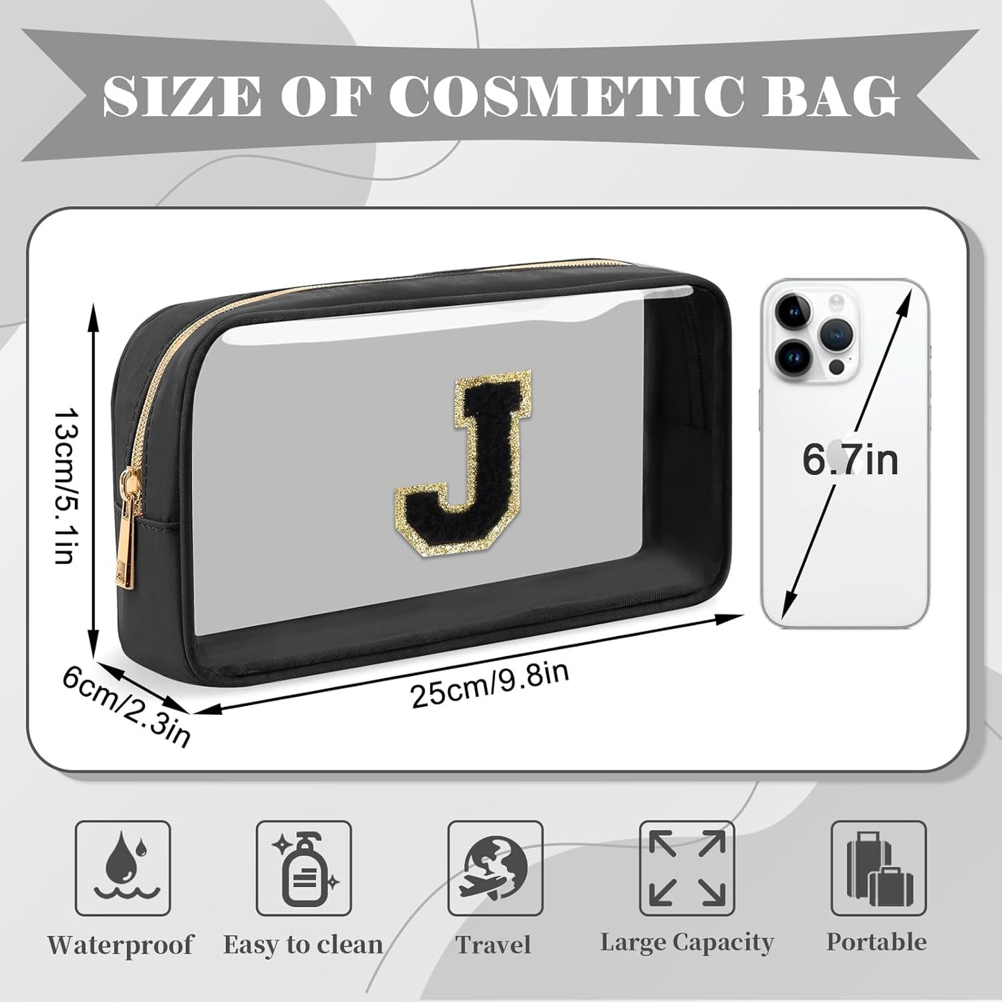 Personalized Initial Letter Clear Makeup Bag,Preppy Small Nylon&PVC Cosmetic Zipper Bag with Chenille Letter,Travel Skincare Toiletry Bag,Monogram Christmas Gift for Teen Girls Women,J
