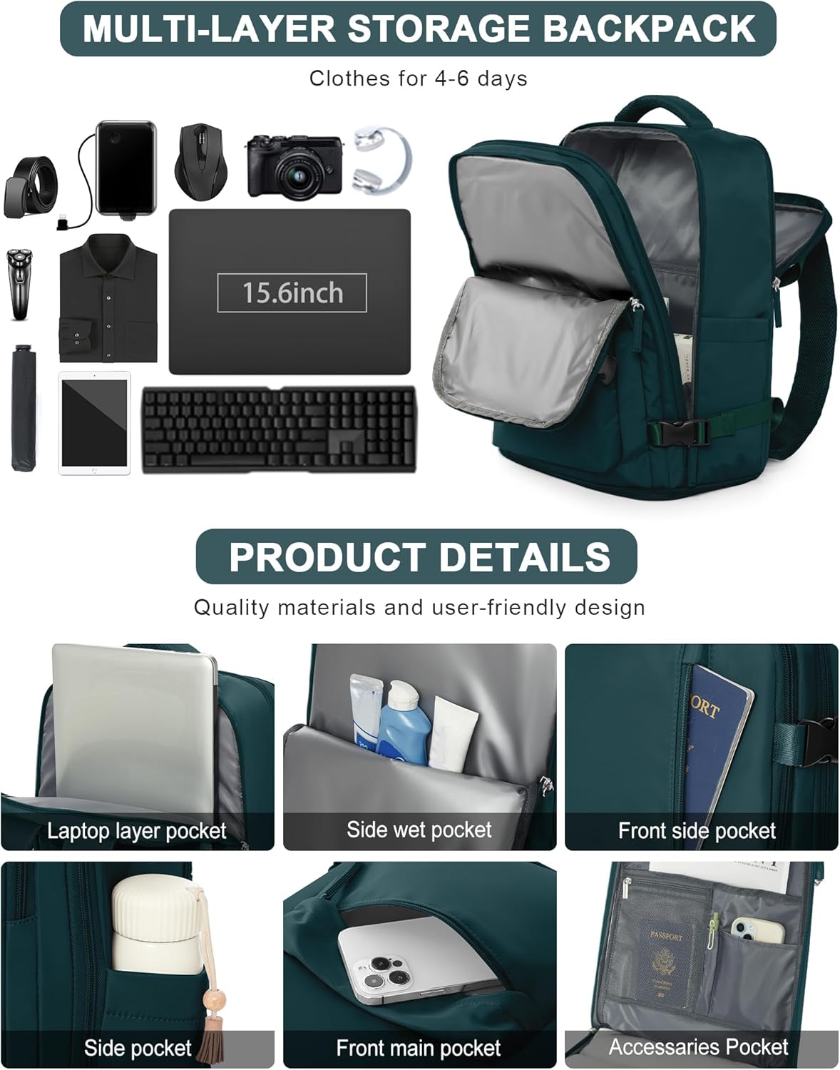 VGCUB Large Travel Backpack Bag for Women Men,Carry on Backpack,17 Inch Laptop Business Work Waterproof Backpack with Laptop Compartment,Person Item Flight Approved,Mochila de Viaje,Peacock Blue