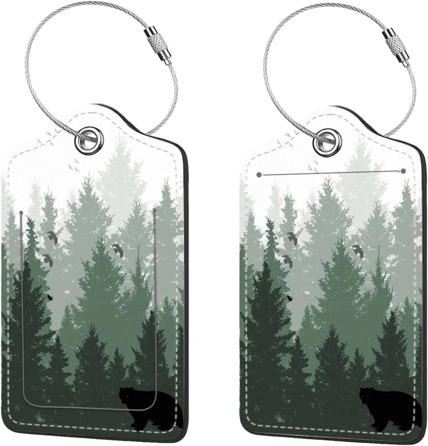 2 Pcs Luggage Tags for Suitcase, Cute Unique PU Leather Travel Bag Tag with Privacy Cover ID Label Address Card and Durable Metal Ring Suitable for Men Women Children Backpack,Forest
