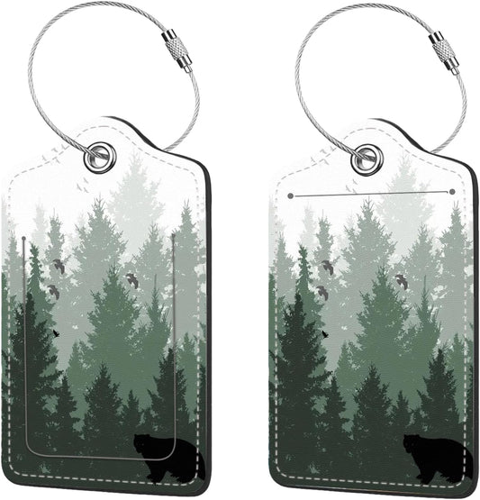 2 Pcs Luggage Tags for Suitcase, Cute Unique PU Leather Travel Bag Tag with Privacy Cover ID Label Address Card and Durable Metal Ring Suitable for Men Women Children Backpack,Forest