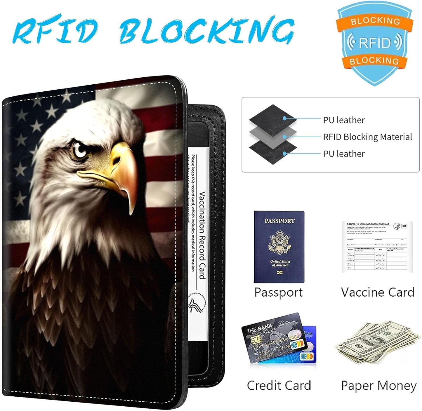 Passport Holder Cover Wallet Travel Essentials RFID Blocking Case Leather Passport Cover Wallet Vaccine Card Slot Organizer for Men Women, Flag Eagle