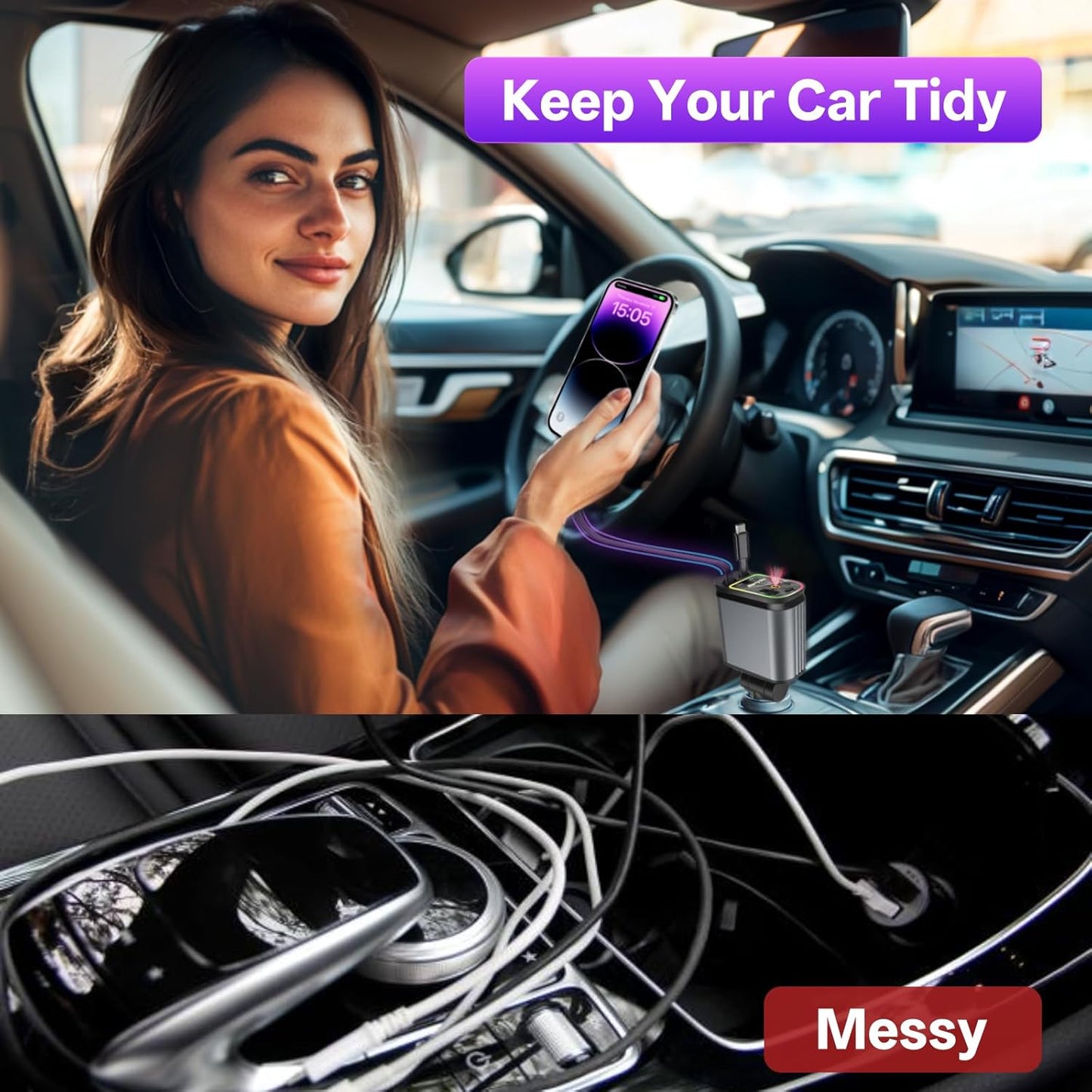 4 in 1 Retractable Car Charger Starlight Compatible with iPhone 16/15/14/13/12/11,Galaxy,Pixel