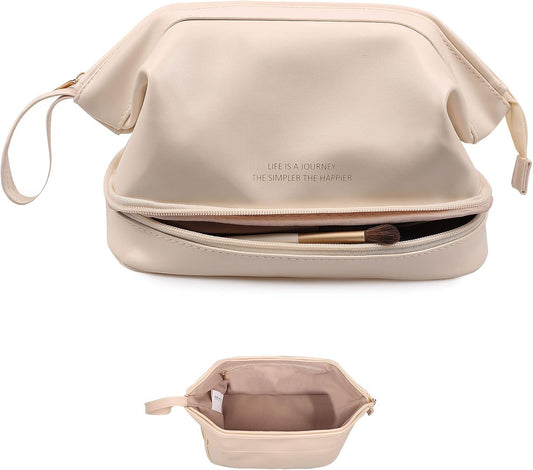 Abiudeng Large Capacity Makeup Bag Ladies Cosmetic Bag Travel Bag with Compartments Portable PU Leather Travel Makeup Bag with Handle
